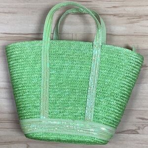 Lime Green Woven 100% Wheat Straw Tote Bag Sequin Handles & Trim P…